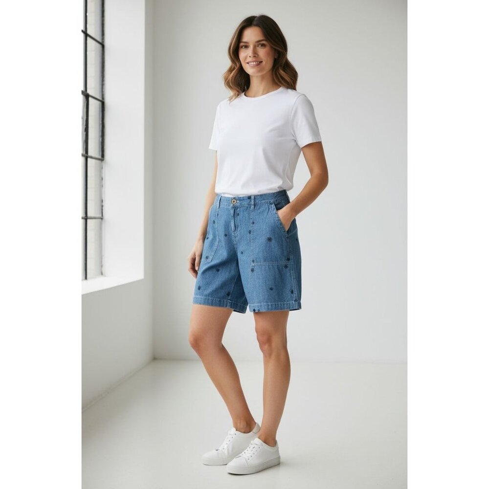 NEW Style & Co Womens 10P Blue Denim Bermuda Shorts Black Embroidered Floral